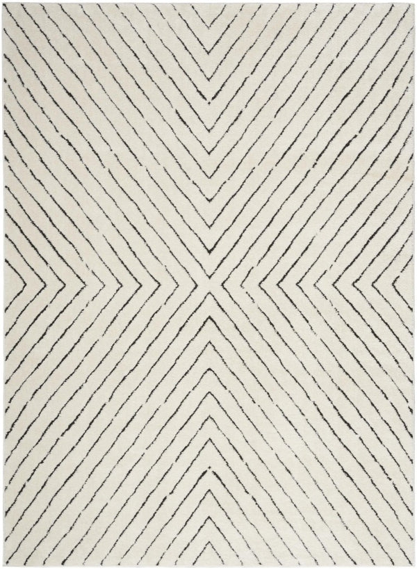 HomeRoots White Geometric Polyester Area Rug Power Loomed for Modern Living and Dining Room Decor 7' x 9' 564156