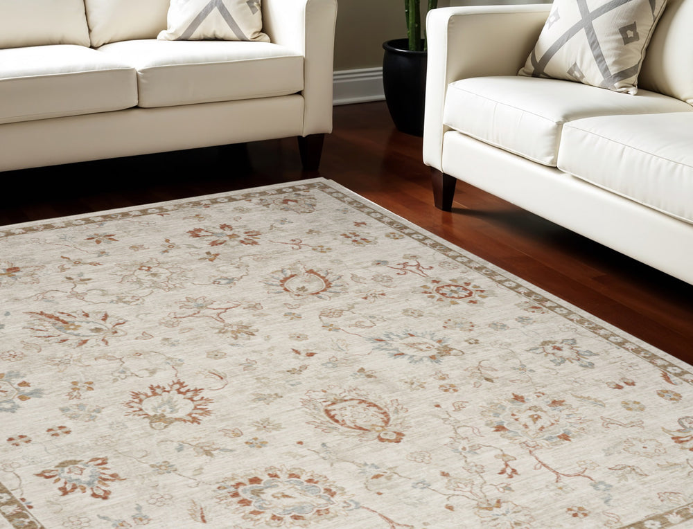 Homeroots 8' X 10' Cream Floral Power Loom Distressed Area Rug With Fringe  Polyester 564168