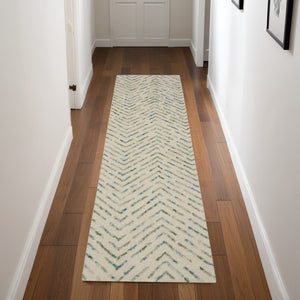 Homeroots 8' Ivory Blue & Green Wool Abstract Runner Rug - Modern Style For Hallways & Cozy Spaces  Wool 564178