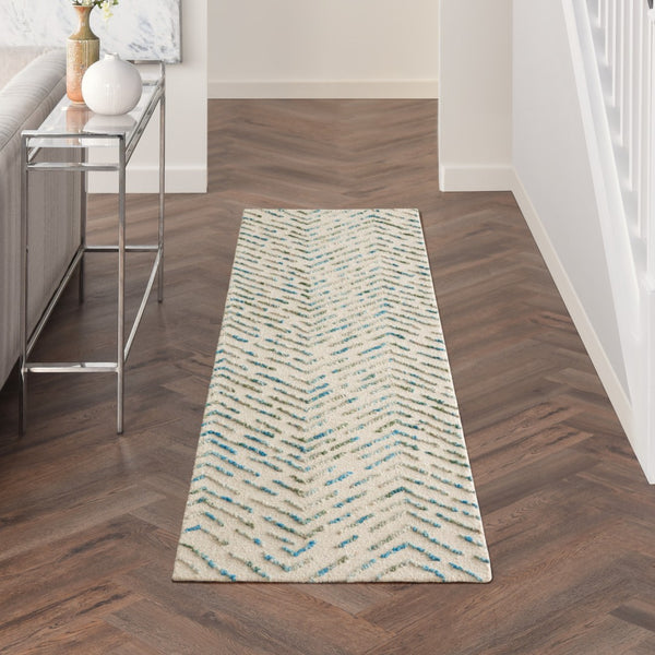 Homeroots 8' Ivory Blue & Green Wool Abstract Runner Rug - Modern Style For Hallways & Cozy Spaces  Wool 564178