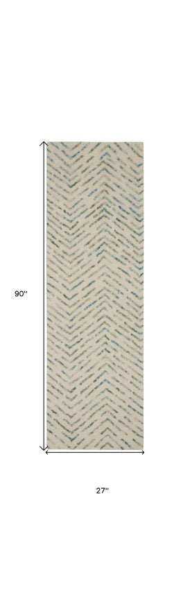 Homeroots 8' Ivory Blue & Green Wool Abstract Runner Rug - Modern Style For Hallways & Cozy Spaces  Wool 564178