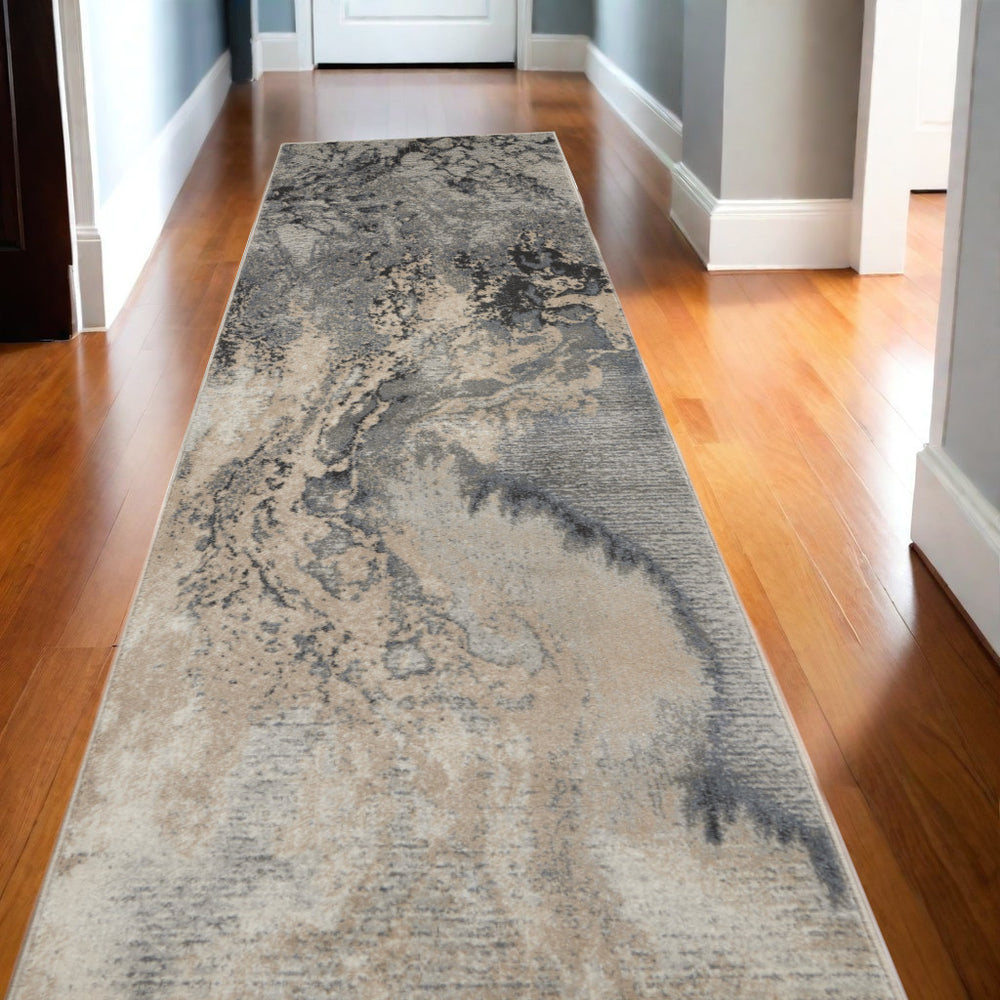 Homeroots 12' Gray Beige And Ivory Abstract Non Skid Runner Rug  Polyester 564181
