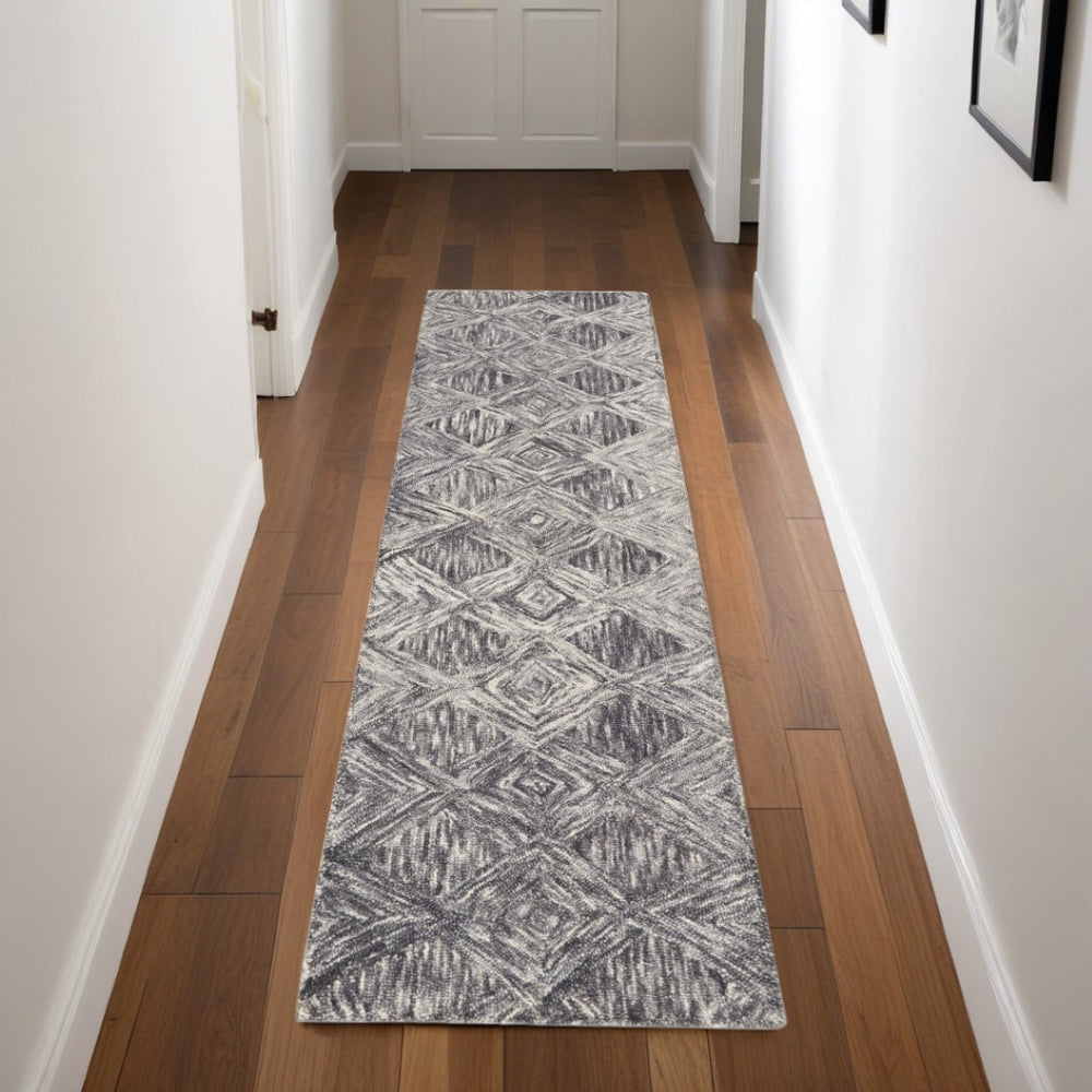 HomeRoots 8' Charcoal and Ivory Wool Geometric Runner Rug - Soft, Durable, Modern Design for Hallways & Entryways 564188