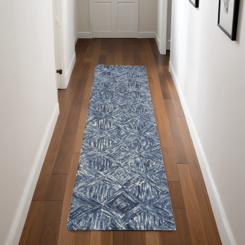 HomeRoots 8' Denim Blue and Ivory Wool Runner Rug - Modern Geometric Design Perfect for Hallways & Entryways 564189