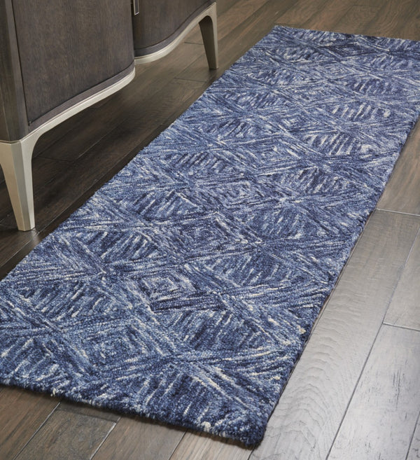 HomeRoots 8' Denim Blue and Ivory Wool Runner Rug - Modern Geometric Design Perfect for Hallways & Entryways 564189