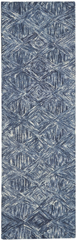 HomeRoots 8' Denim Blue and Ivory Wool Runner Rug - Modern Geometric Design Perfect for Hallways & Entryways 564189