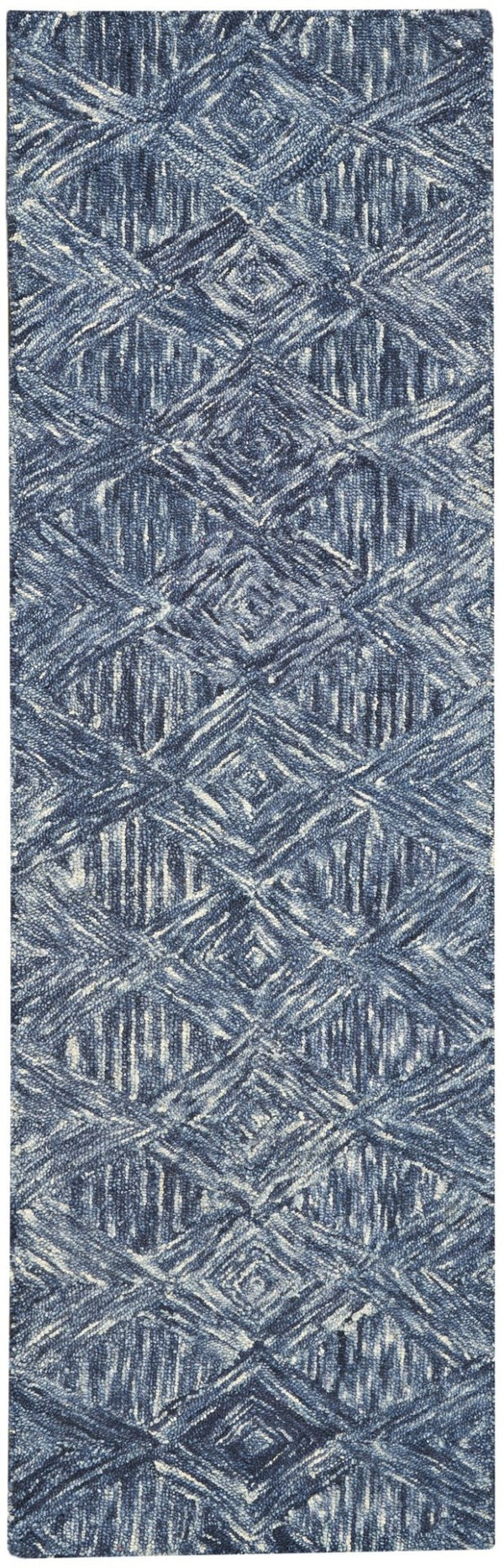 HomeRoots 8' Denim Blue and Ivory Wool Runner Rug - Modern Geometric Design Perfect for Hallways & Entryways 564189