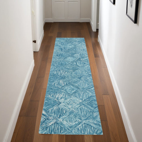 HomeRoots 8' Blue and Ivory Wool Geometric Runner Rug - Modern Design for Hallways, Durable & Soft Comfort 564191