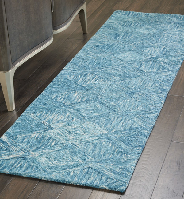 HomeRoots 8' Blue and Ivory Wool Geometric Runner Rug - Modern Design for Hallways, Durable & Soft Comfort 564191