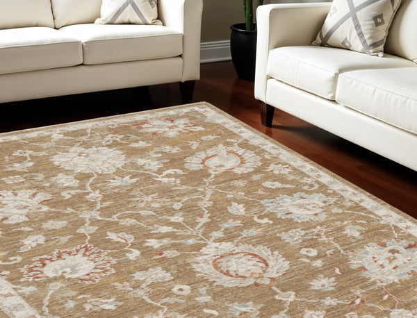 HomeRoots 9' Distressed Brown Floral Power Loom Area Rug with Fringed Edges for Timeless Living Space Style 9' X 13' 564194