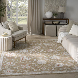 HomeRoots 9' Distressed Brown Floral Power Loom Area Rug with Fringed Edges for Timeless Living Space Style 9' X 13' 564194