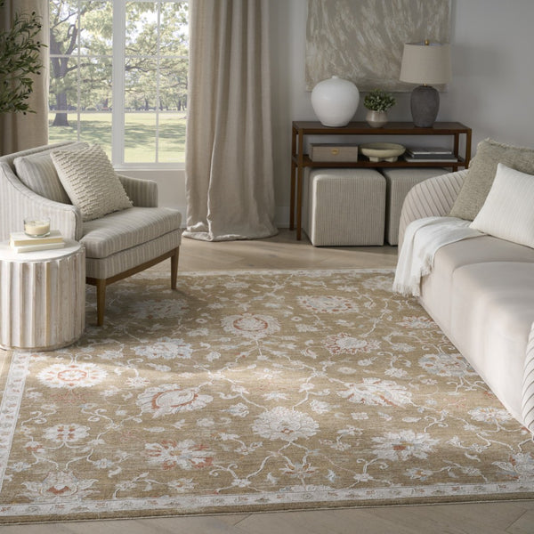 HomeRoots 9' Distressed Brown Floral Power Loom Area Rug with Fringed Edges for Timeless Living Space Style 9' X 13' 564194