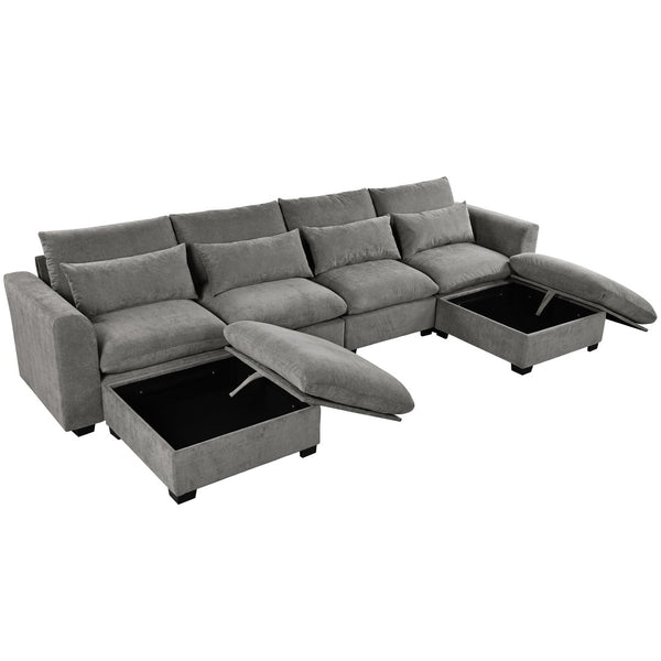 English Elm U_style Modular U-shaped Sectional Sofa Six Seat Linen Fabric with Storage Ottomans Gray WY000491AAE
