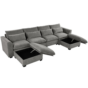 English Elm U_style Modular U-shaped Sectional Sofa with Storage Ottomans Linen Polyester 6 Seat Gray WY000462AAE