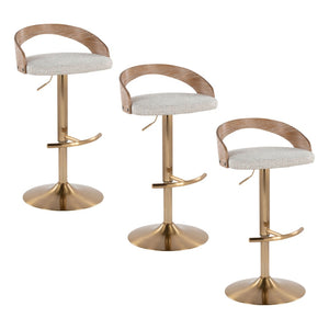 English Elm Adjustable Swivel Barstools Set of 3 Whitewashed Wood Oat Upholstered Gold Base B202S02187