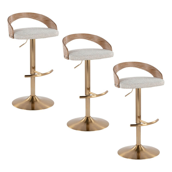 English Elm Adjustable Swivel Barstools Set of 3 Whitewashed Wood Oat Upholstered Gold Base B202S02187