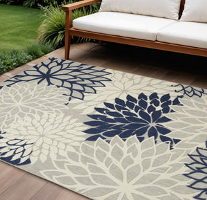 HomeRoots 9' Indoor Outdoor Floral Area Rug in Gray, Ivory & Navy - Durable, Stylish, Easy-Clean Design! 564202
