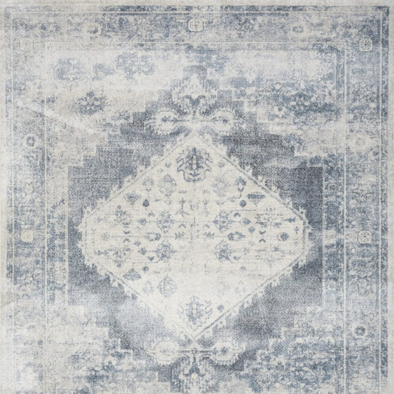Blue Distressed Oriental Polyester Area Rug Low Pile Power Loomed for Living or Dining Room