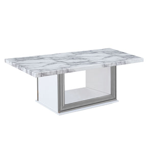 Homeroots 52" White And Light Gray Faux Marble Coffee Table With Wood Shelf - Stylish Living Room Accent Piece   564214