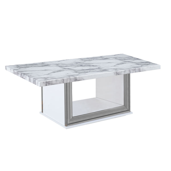 Homeroots 52" White And Light Gray Faux Marble Coffee Table With Wood Shelf - Stylish Living Room Accent Piece   564214