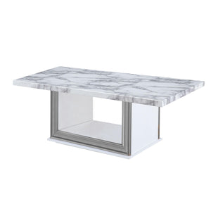 Homeroots 52" White And Light Gray Faux Marble Coffee Table With Wood Shelf - Stylish Living Room Accent Piece   564214
