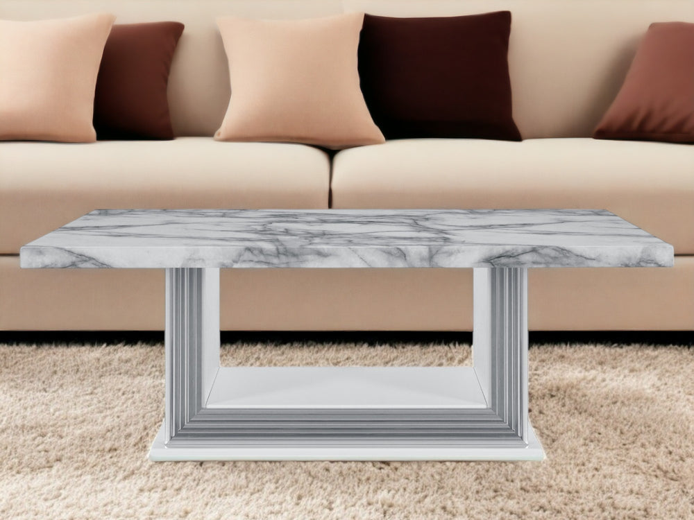 Homeroots 52" White And Light Gray Faux Marble Coffee Table With Wood Shelf - Stylish Living Room Accent Piece   564214
