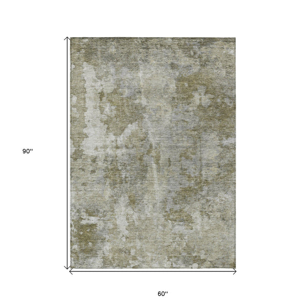 Homeroots 5' X 8' Green Abstract Washable Non Skid Indoor Outdoor Area Rug Beige Polyester 564228