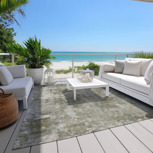 Homeroots 5' X 8' Green Abstract Washable Non Skid Indoor Outdoor Area Rug Beige Polyester 564228