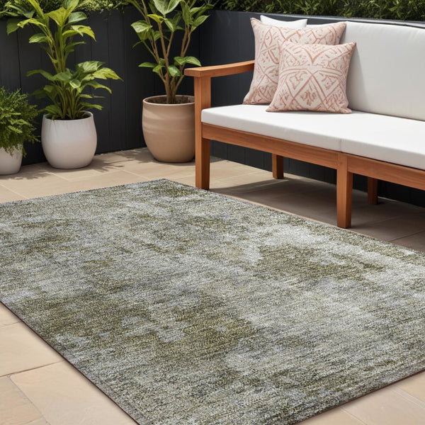 Homeroots 9' X 12' Green Abstract Washable Non Skid Indoor Outdoor Area Rug Beige Polyester 564231