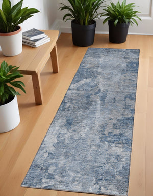 Homeroots 8' Runner Blue Abstract Washable Non Skid Indoor Outdoor Runner Rug Blue Polyester 564234