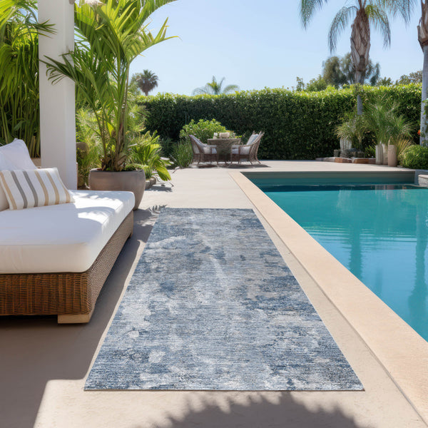 Homeroots 8' Runner Blue Abstract Washable Non Skid Indoor Outdoor Runner Rug Blue Polyester 564234