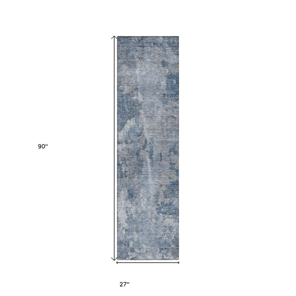 Homeroots 8' Runner Blue Abstract Washable Non Skid Indoor Outdoor Runner Rug Blue Polyester 564234