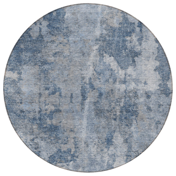 Homeroots 8' Round Blue Round Abstract Washable Non Skid Indoor Outdoor Area Rug Blue Polyester 564238