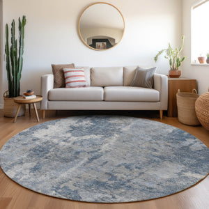 Homeroots 8' Round Blue Round Abstract Washable Non Skid Indoor Outdoor Area Rug Blue Polyester 564238