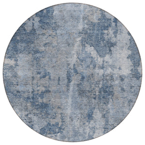 Homeroots 8' Round Blue Round Abstract Washable Non Skid Indoor Outdoor Area Rug Blue Polyester 564238
