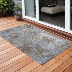 Homeroots 3' X 5' Mocha And Blue Abstract Washable Non Skid Indoor Outdoor Area Rug Brown Polyester 564245