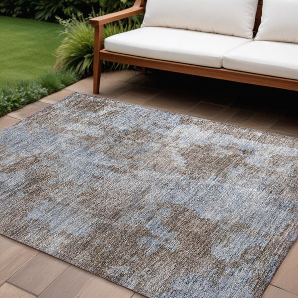 Homeroots 8' X 10' Mocha And Blue Abstract Washable Non Skid Indoor Outdoor Area Rug Brown Polyester 564248