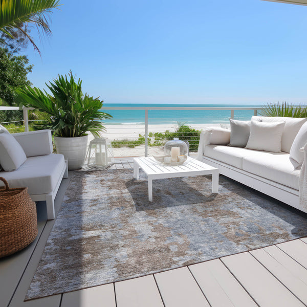 Homeroots 8' X 10' Mocha And Blue Abstract Washable Non Skid Indoor Outdoor Area Rug Brown Polyester 564248