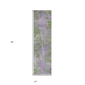 Homeroots 8' Runner Green And Purple Abstract Washable Non Skid Indoor Outdoor Runner Rug Green Polyester 564270
