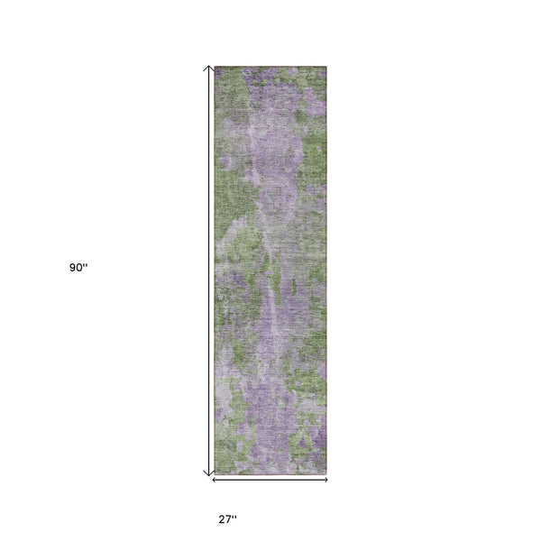 Homeroots 8' Runner Green And Purple Abstract Washable Non Skid Indoor Outdoor Runner Rug Green Polyester 564270