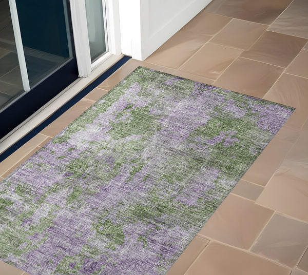 Homeroots 3' X 5' Green And Purple Abstract Washable Non Skid Indoor Outdoor Area Rug Green Polyester 564272