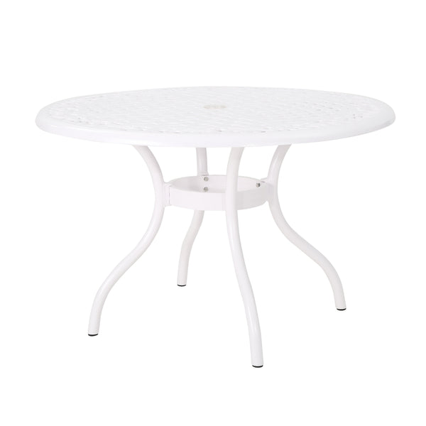 English Elm Christopher Knight Home® - PHOENIX Cast Aluminum 48in Round Patio Dining Table with Lattice Scrollwork and Umbrella Hole White 49.25 L x 49.25 W x 5.25 H 54588.00WHI