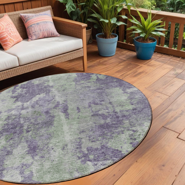 Homeroots 8' Round Purple And Green Round Abstract Washable Non Skid Indoor Outdoor Area Rug Purple Polyester 564283
