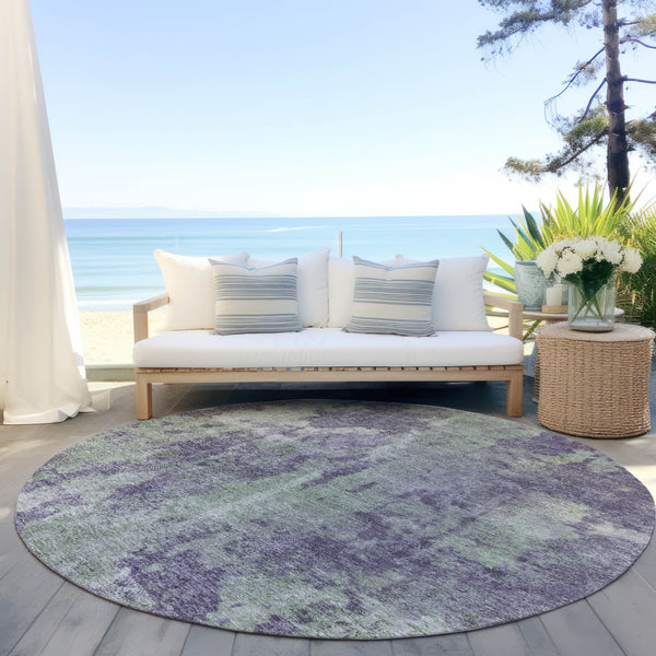 Homeroots 8' Round Purple And Green Round Abstract Washable Non Skid Indoor Outdoor Area Rug Purple Polyester 564283