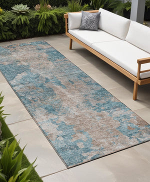Homeroots 8' Runner Teal And Taupe Abstract Washable Non Skid Indoor Outdoor Runner Rug Teal Polyester 564288