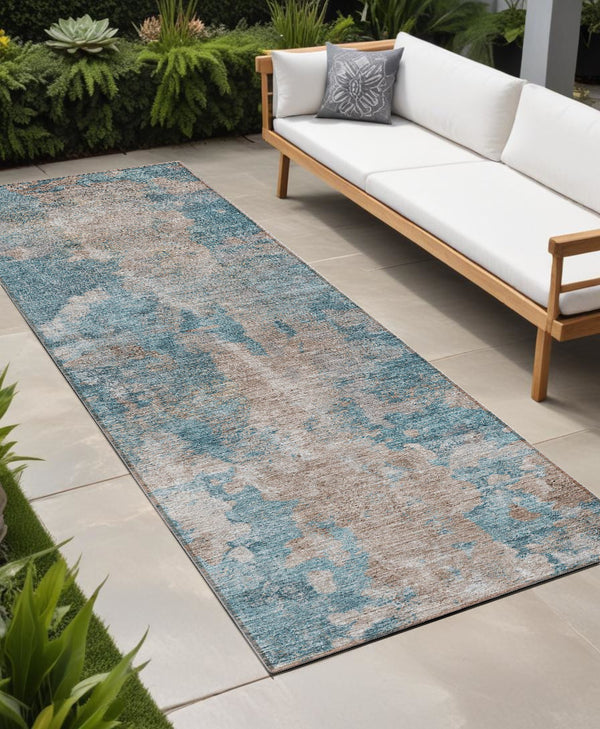 Homeroots 8' Runner Teal And Taupe Abstract Washable Non Skid Indoor Outdoor Runner Rug Teal Polyester 564288