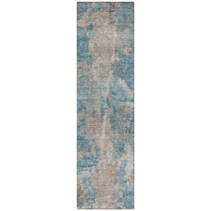 Homeroots 8' Runner Teal And Taupe Abstract Washable Non Skid Indoor Outdoor Runner Rug Teal Polyester 564288