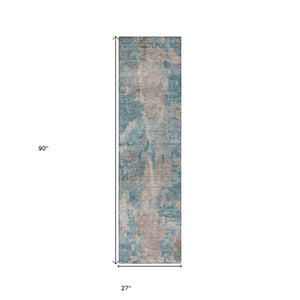 Homeroots 8' Runner Teal And Taupe Abstract Washable Non Skid Indoor Outdoor Runner Rug Teal Polyester 564288