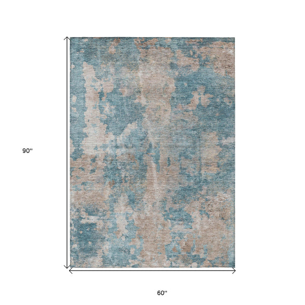 Homeroots 5' X 8' Teal And Taupe Abstract Washable Non Skid Indoor Outdoor Area Rug Teal Polyester 564291