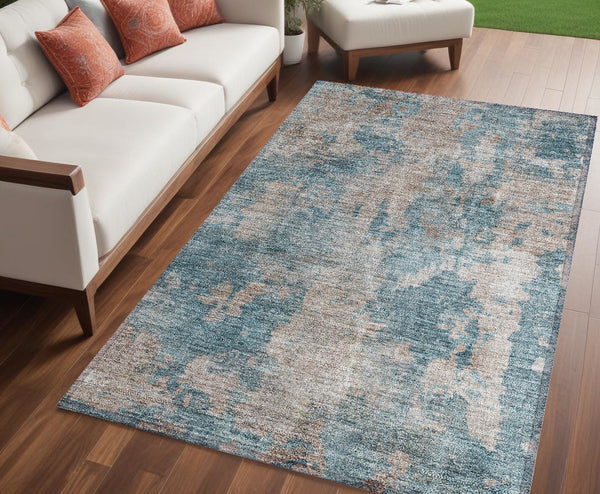 Homeroots 5' X 8' Teal And Taupe Abstract Washable Non Skid Indoor Outdoor Area Rug Teal Polyester 564291